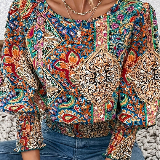 Damen Volantbluse mit buntem Boho-Design und elastischem Bund EB