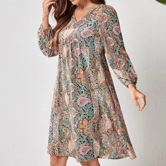 Damen Freizeitkleid mit tiefem V-Ausschnitt und langen Ärmeln EB