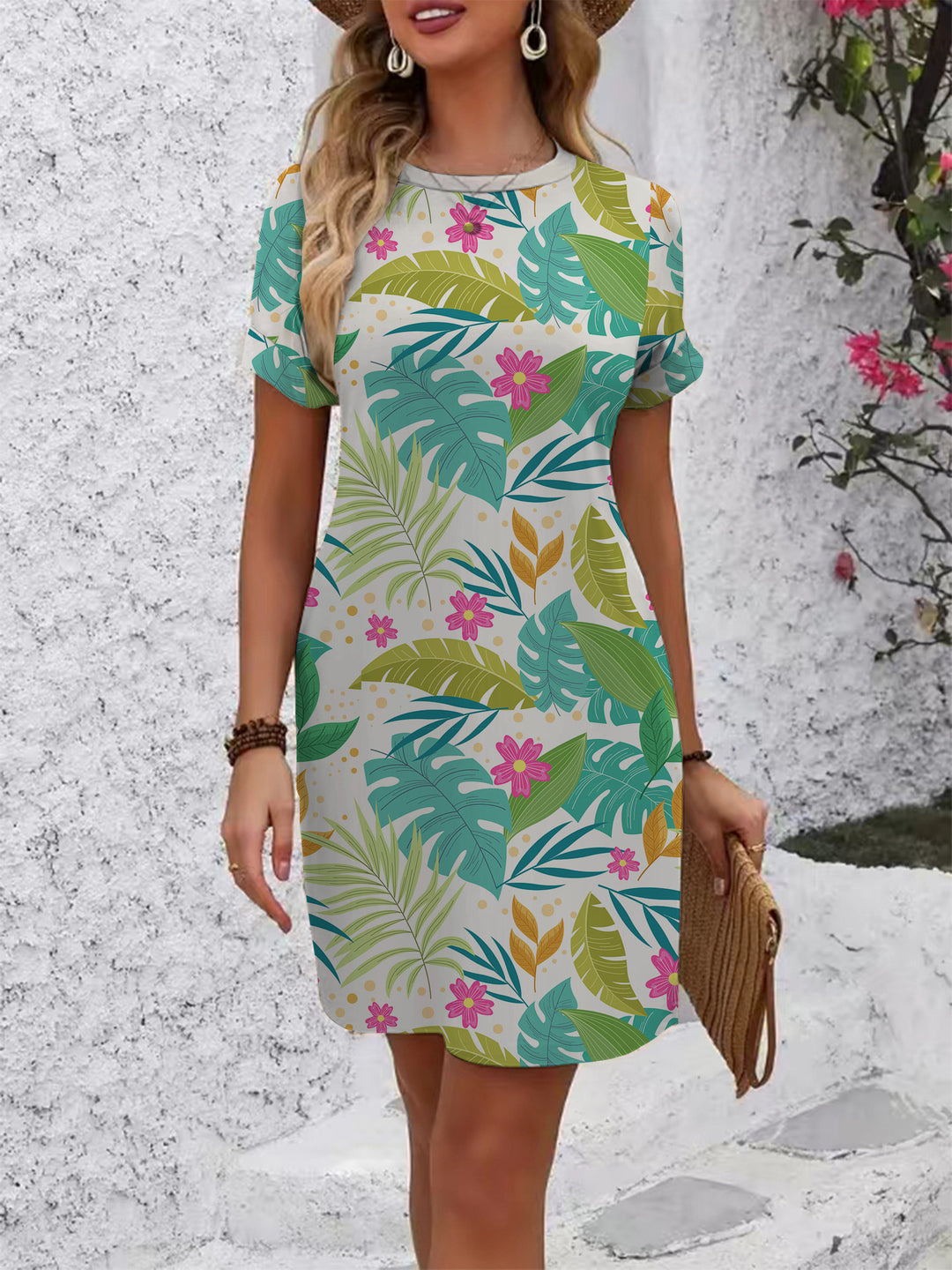 Damen lässiges Kurzarmkleid mit modernem Hahnentrittmuster und bequemer Passform EB