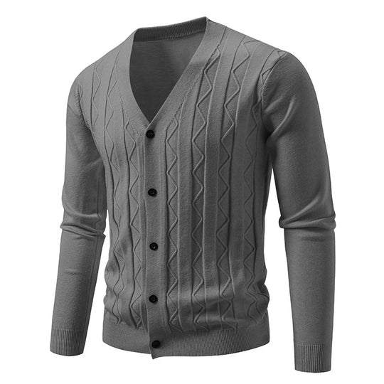 Herren nan V-Ausschnitt Strickjacke mit dezenter Zopfmusterstruktur und durchgehender Knopfleiste EB