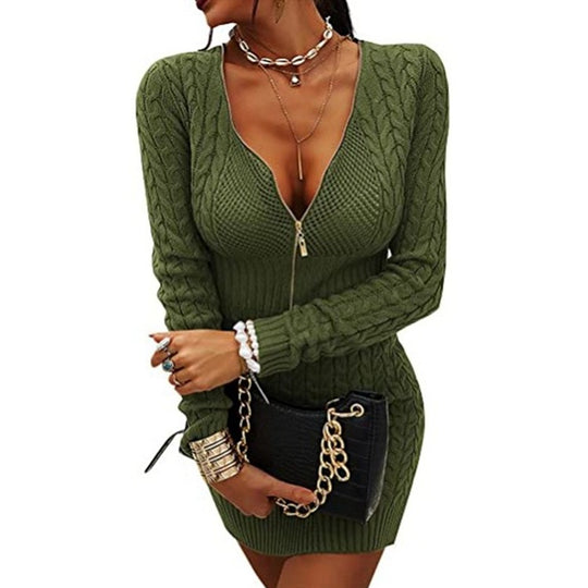 Damen Strickkleid mit tiefem V-Ausschnitt und modernem Reißverschluss EB