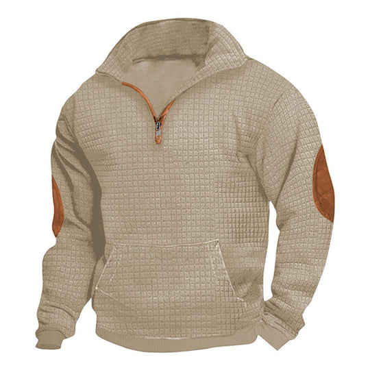 Herren nan thermoregulierender Waffelstrick-Halbzippullover mit Kängurutasche und Lederimitat-Ellbogenpatches EB