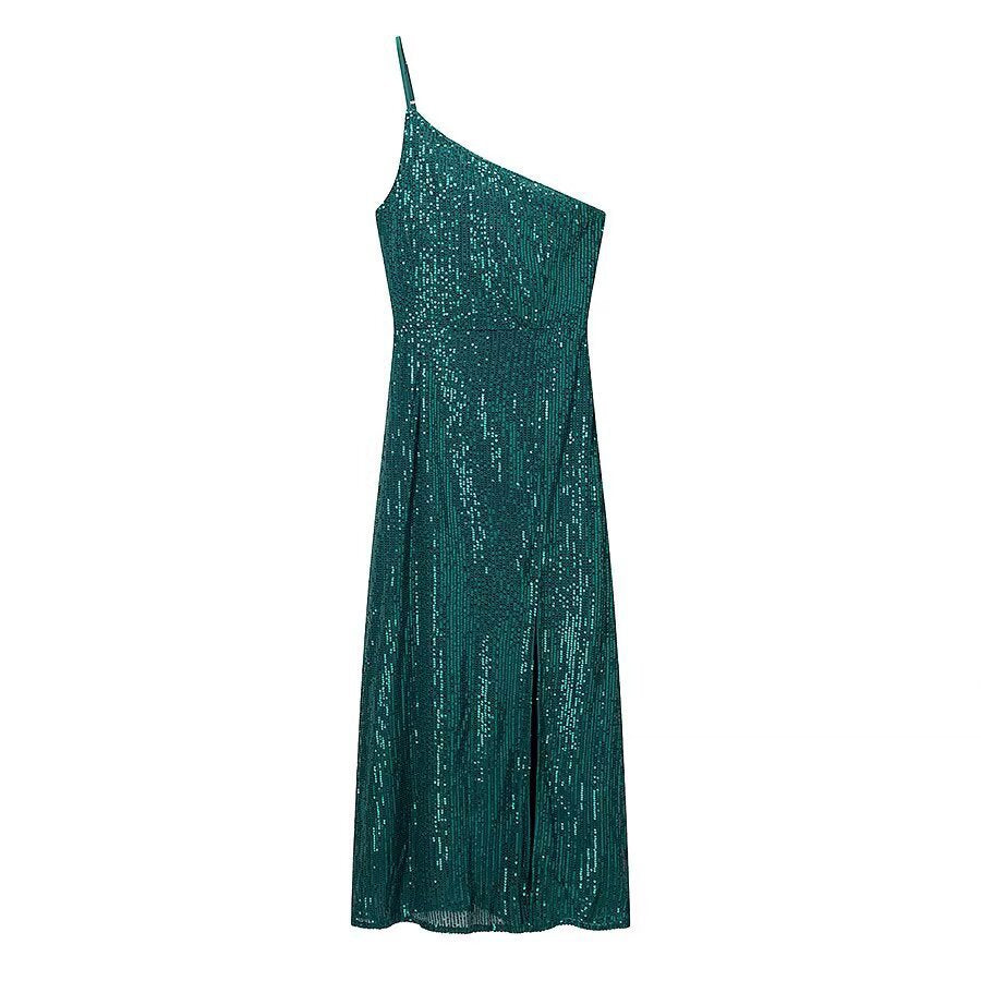 Damen glamouröses Abendkleid mit asymmetrischem Schnitt und schimmernden Pailletten EB