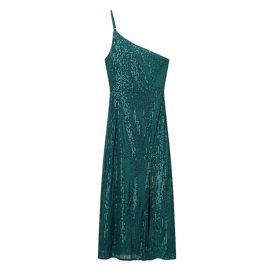 Damen glamouröses Abendkleid mit asymmetrischem Schnitt und schimmernden Pailletten EB