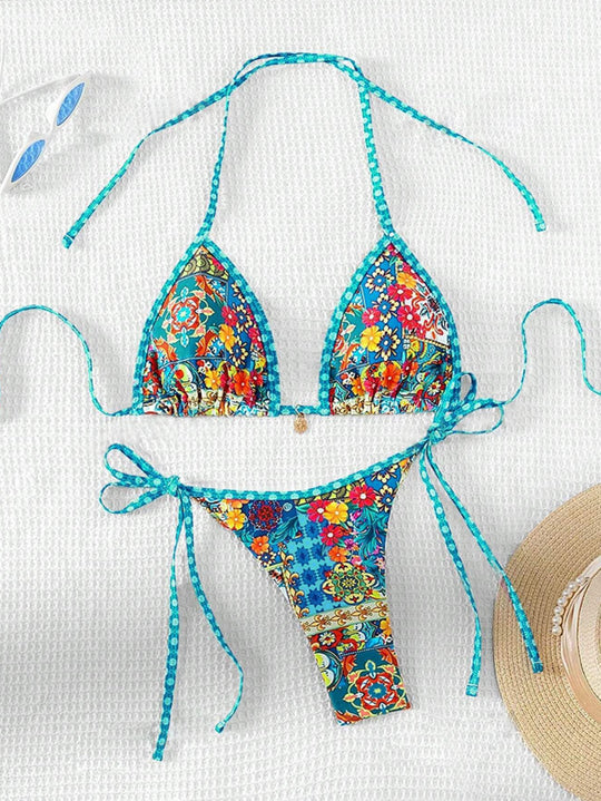 Damen Triangel-Bikini mit floralem Design und verstellbaren Bändern EB