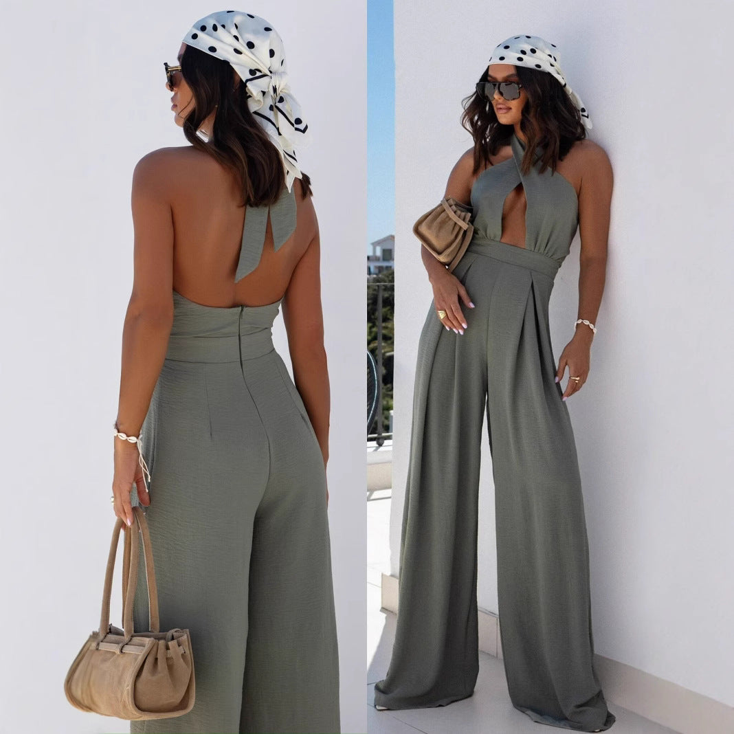 Damen Jumpsuit mit tiefem V-Ausschnitt und weiten Beinen EB