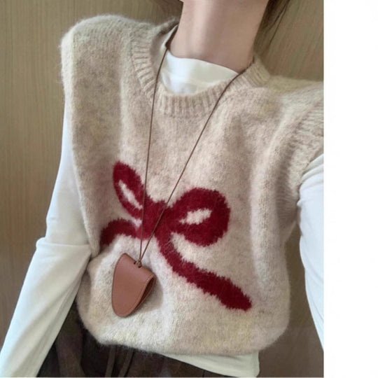 Damen Kuschelige Strickweste mit verspieltem Schleifenmotiv EB