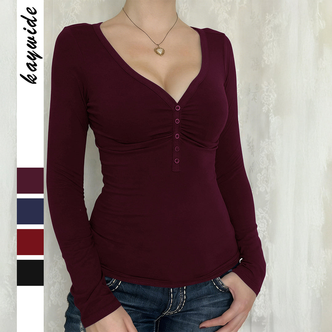 Damen nan tailliertes Langarmshirt mit geraffter Knopfleiste und tiefem V-Ausschnitt EB