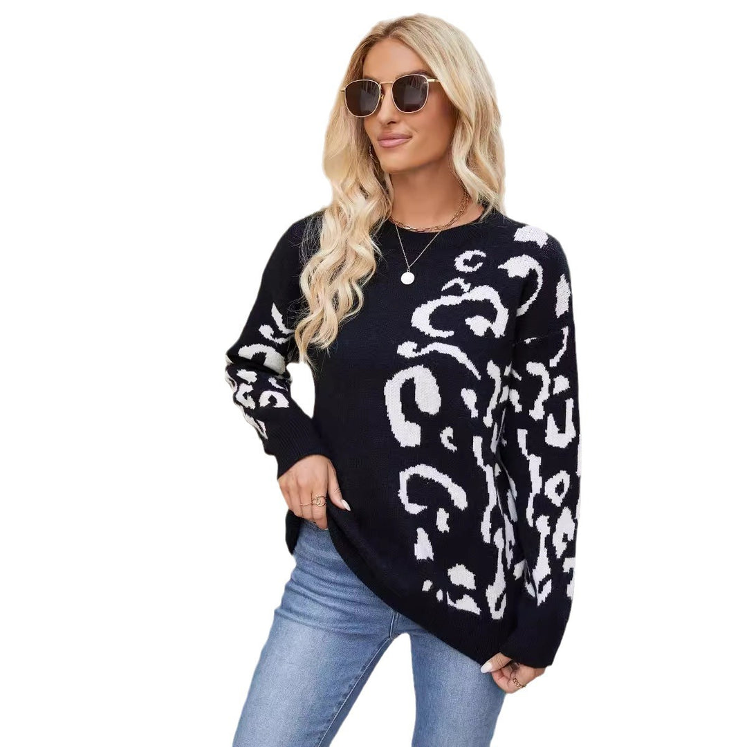 Damen trendiger Strickpullover mit modernem Leopardenmuster und lockerer Passform EB