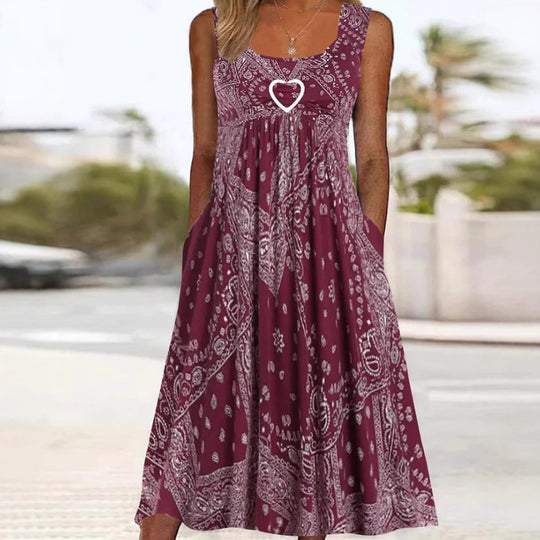 Damen nan luftiges Maxi-Kleid mit Paisley-Bandana-Print, geraffter Empire-Taille und praktischen Seitentaschen EB