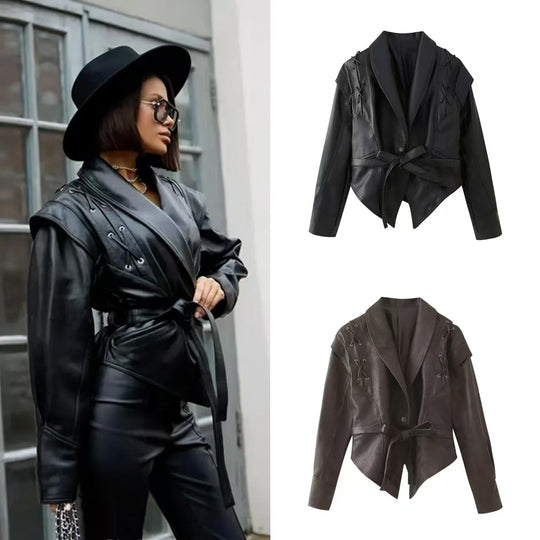 Damen modische Kunstlederjacke mit stilvollem Gürteldetail und elegantem Design EB