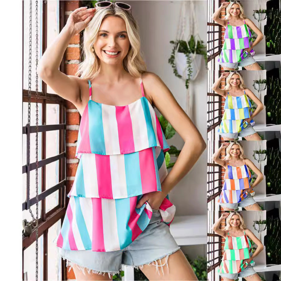 Damen luftiges Streifen-Top mit geschichtetem Design EB