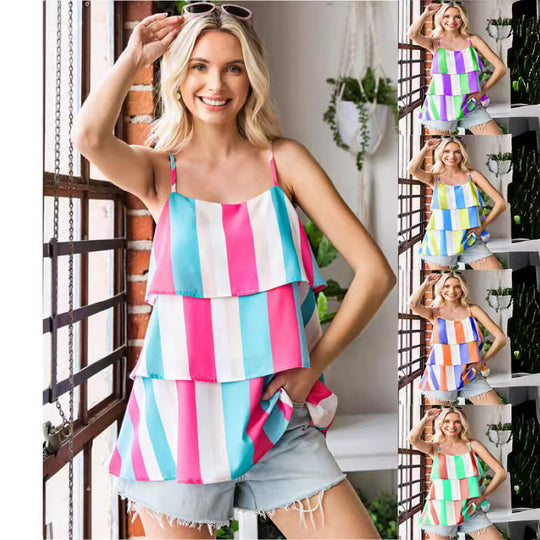 Damen luftiges Streifen-Top mit geschichtetem Design EB