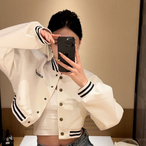 Damen lässige cropped Bomberjacke mit kontrastierenden Streifen und Druckknöpfen EB