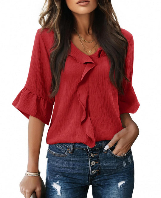 Damen Luftiges Blusenshirt mit Rüschendetails und V-Ausschnitt EB