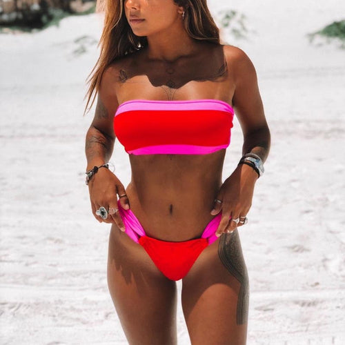 Damen Bandeau-Bikini mit kontrastrierenden Farben EB