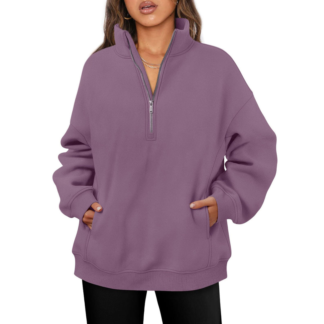 Damen nan oversized Halbzip-Pullover mit Stehkragen, Kängurutasche und Rippbündchen EB