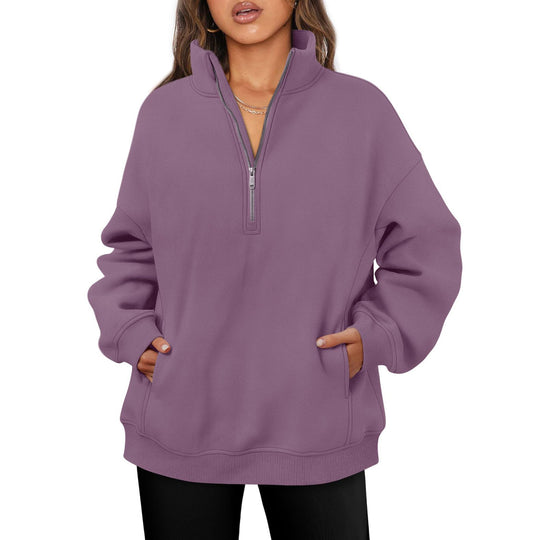 Damen nan oversized Halbzip-Pullover mit Stehkragen, Kängurutasche und Rippbündchen EB