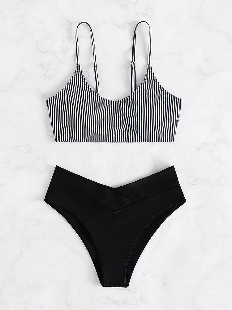 Damen Sport-Bikini-Set mit Streifenmuster und Hoher Taille EB
