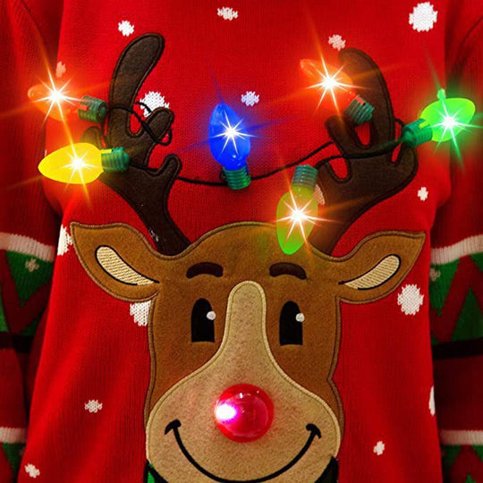 Damen nan weihnachtlicher Strickpullover mit Rentierapplikation integrierter Lichterkette und dreidimensionalem Nasenpompom EB