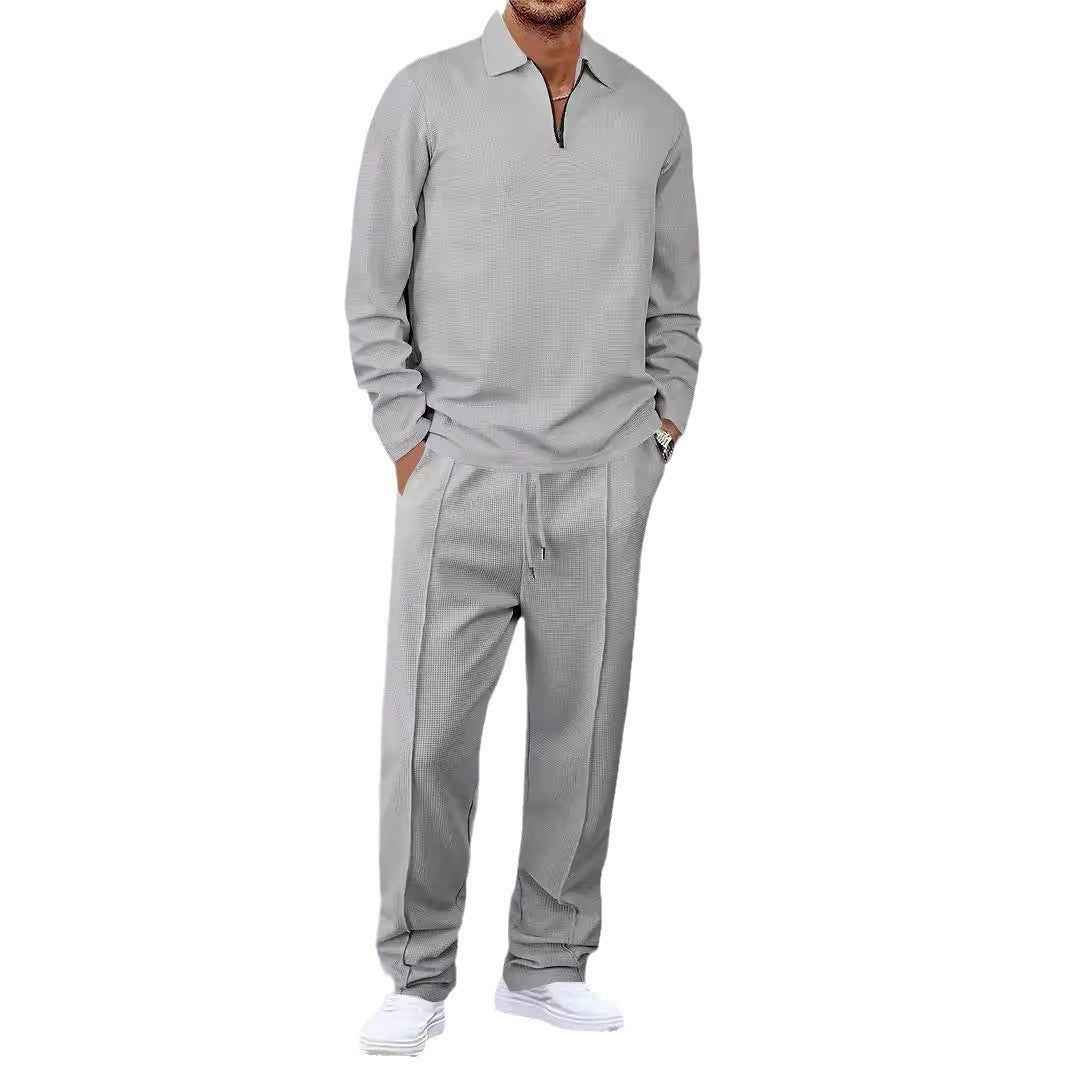 Unisex nan Waffelstruktur Freizeit-Set mit Halbzip-Poloshirt und elastischer Bundhose EB