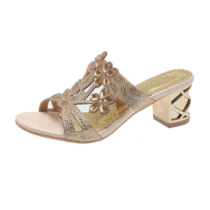 Damen Offene Mules mit verzierenden Blumen und komfortablem Blockabsatz EB