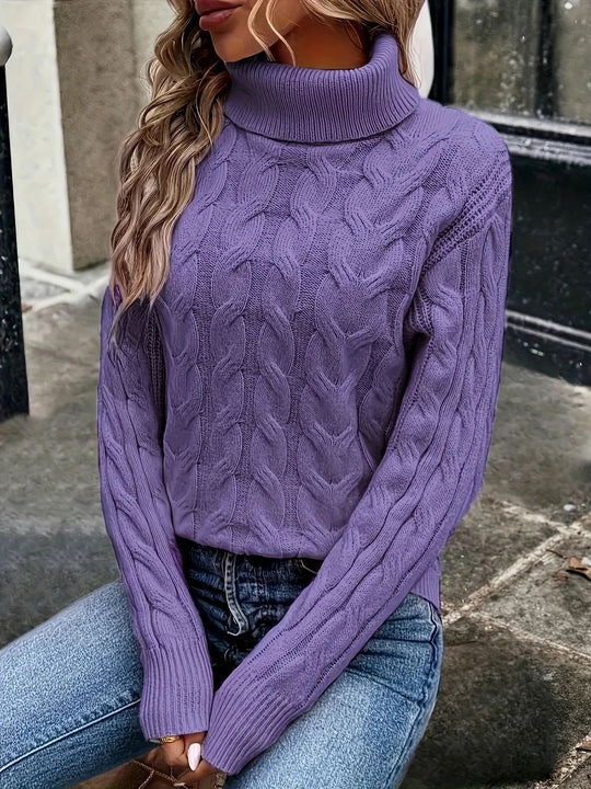 Damen Strickpullover mit hohem Kragen und Zopfmuster EB
