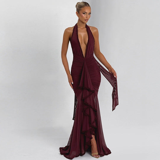 Damen Elegantes Abendkleid mit tiefem V-Ausschnitt und Rüschendetails EB