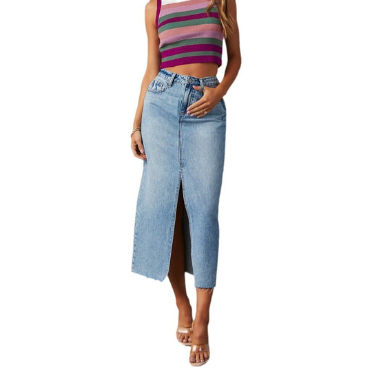 Damen Jeansrock im modernen Midi-Stil mit seitlichem Schlitz und hochgezogenem Saum EB