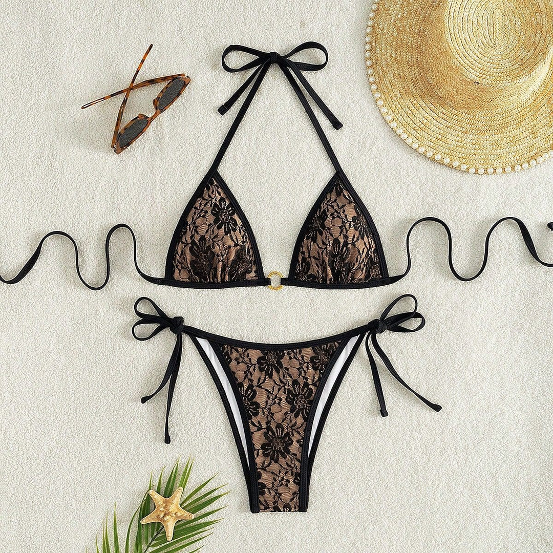 Damen Spitze Triangel-Bikini mit raffinierten Bindebändern EB