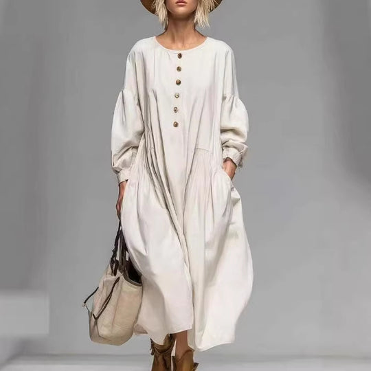 Damen Lässiges Midi-Kleid mit Knopfleiste, Ballonärmeln und Eingrifftaschen EB