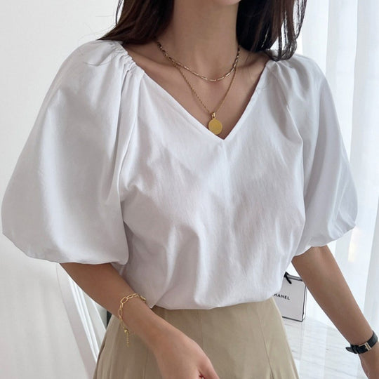 Damen Puffärmel V-Ausschnitt Top EB