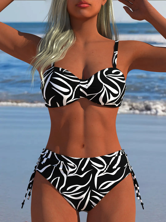 Damen Bikini-Set mit stilvollem Karomuster und goldfarbenen Akzenten EB