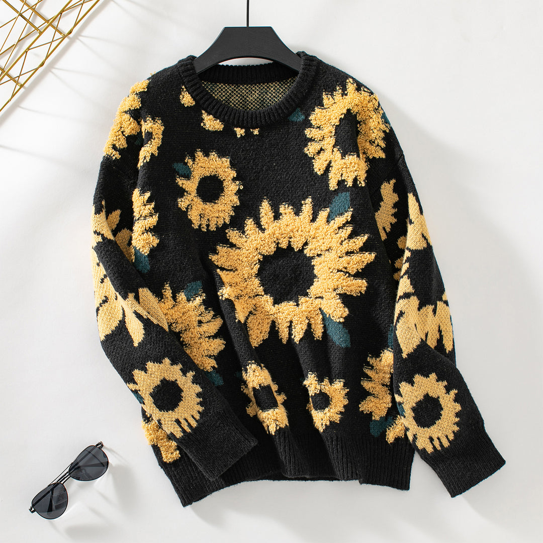 Damen kuscheliger Pullover mit Sonnenblumenmotiv EB
