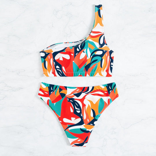 Damen Einseitiger Bikini mit floralem Design und hohem Beinausschnitt EB
