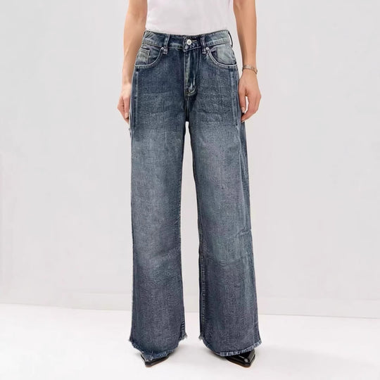 Damen weite Denim-Jeans mit kreativem Muster und fransigem Saum EB