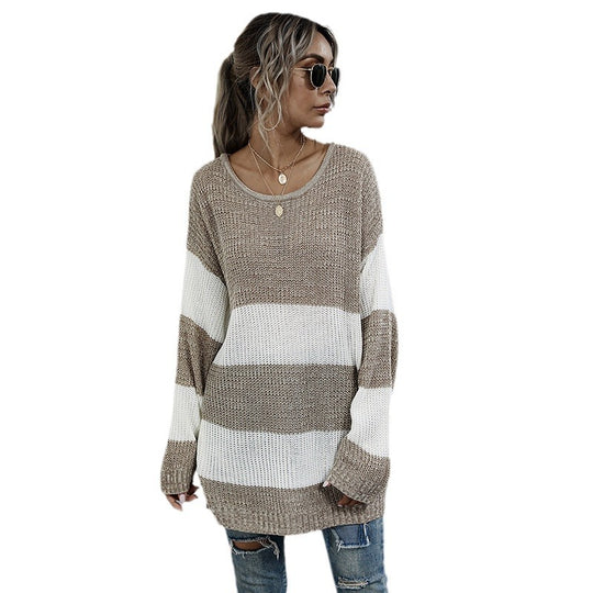 Damen Oversized Strickpullover mit gestreiftem Muster und lässigem Schnitt EB