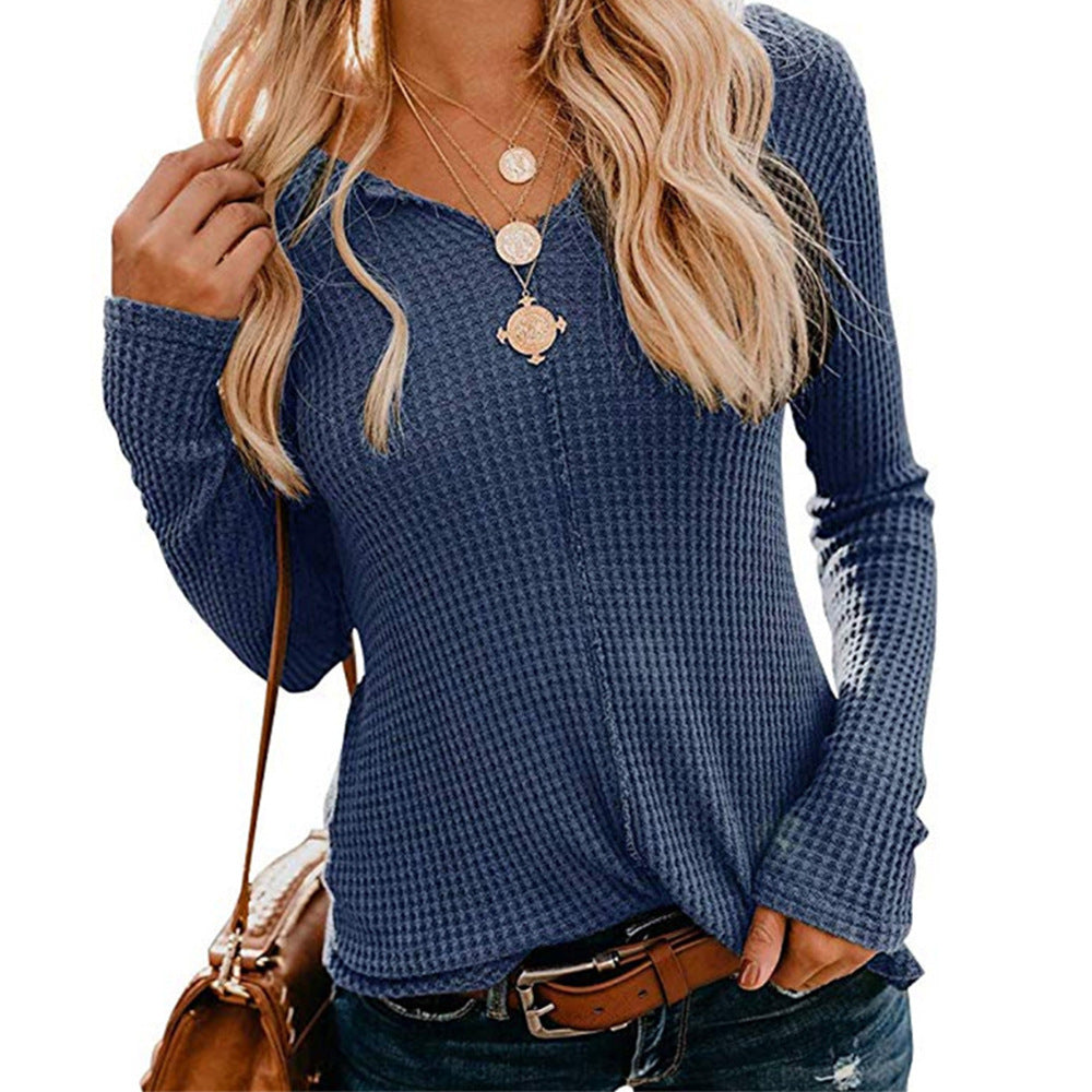 Damen lässiges Langarmshirt mit strukturiertem Waffelmuster und modischem V-Ausschnitt EB