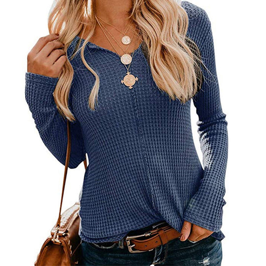 Damen lässiges Langarmshirt mit strukturiertem Waffelmuster und modischem V-Ausschnitt EB