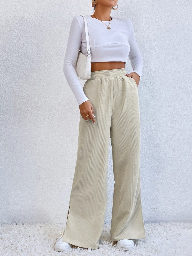 Damen Weite Cord-Hose mit elastischem Bund und seitlichen Schlitzen EB