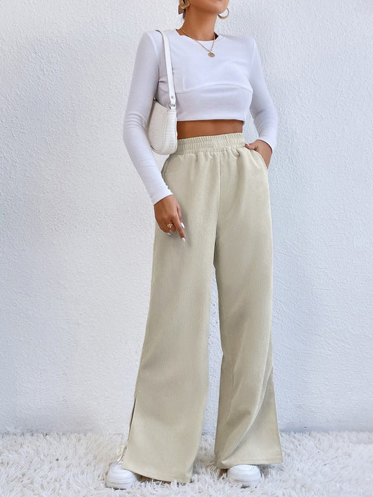 Damen Weite Cord-Hose mit elastischem Bund und seitlichen Schlitzen EB