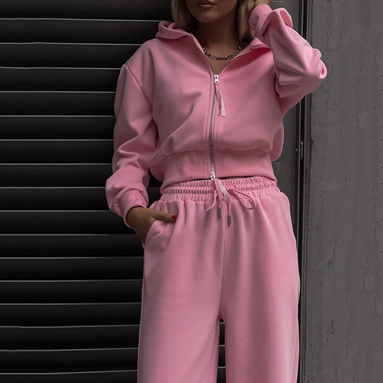 Damen Zweiteiliges Loungewear-Set mit kurzem Zip-Bomber und weiter High-Waist-Palazzohose EB