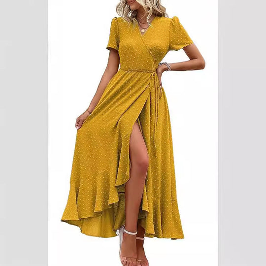 Damen Wickelmaxikleid mit eleganter Raffung und asymmetrischem Saum EB