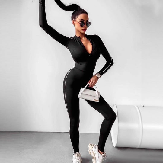 Damen Langarm-Jumpsuit mit hohem Kragen und nahtlosem Design EB