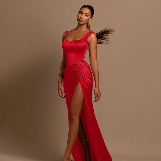 Damen elegantes Maxikleid mit anliegendem Oberteil und hohem Schlitz EB