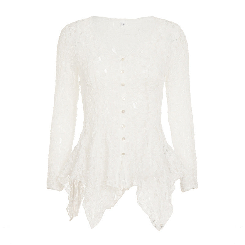 Damen Rüschenbluse aus feiner Spitze mit Knopfdetails EB