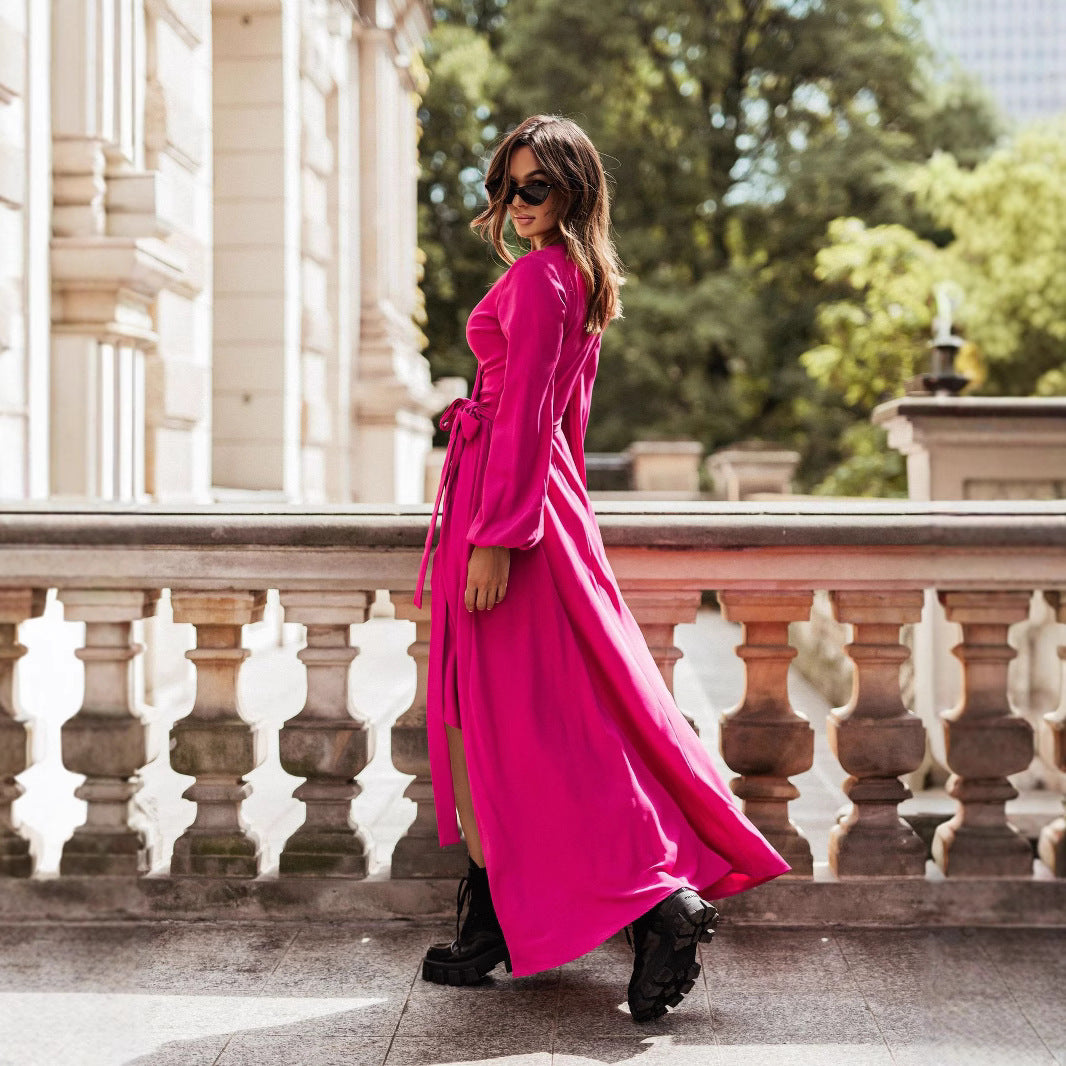 Damen Langärmliges Maxikleid mit Taillengürtel und eleganten Rüschendetails EB