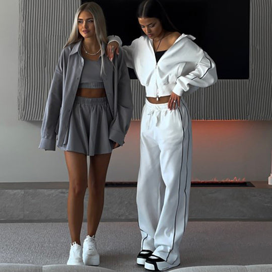 Damen nan kurzes Reißverschluss-Hoodie und hohe Taillen-Jogginghose Set mit dekorativer Seitenpaspel EB