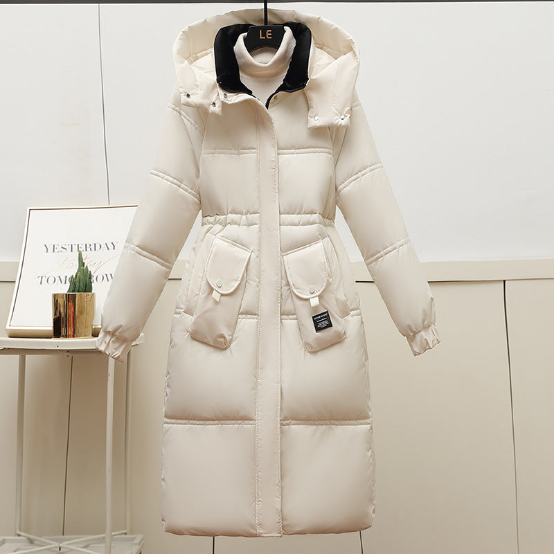 Damen Lange Pufferjacke mit abnehmbarer Kapuze und großen Taschen EB