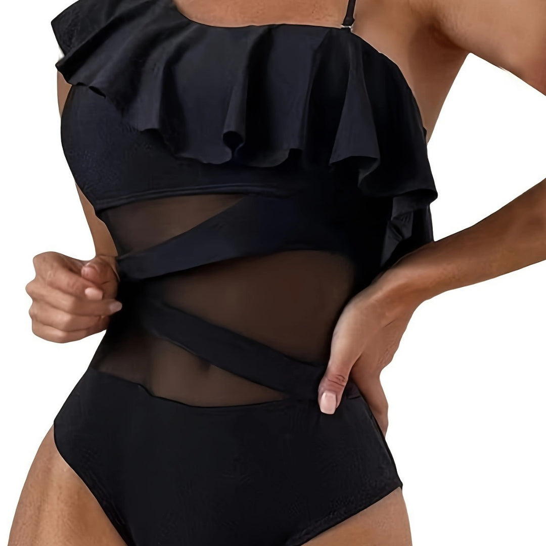 Damen Einteiler Badeanzug mit asymmetrischem Rüschendesign und eleganten Cut-Out-Details EB